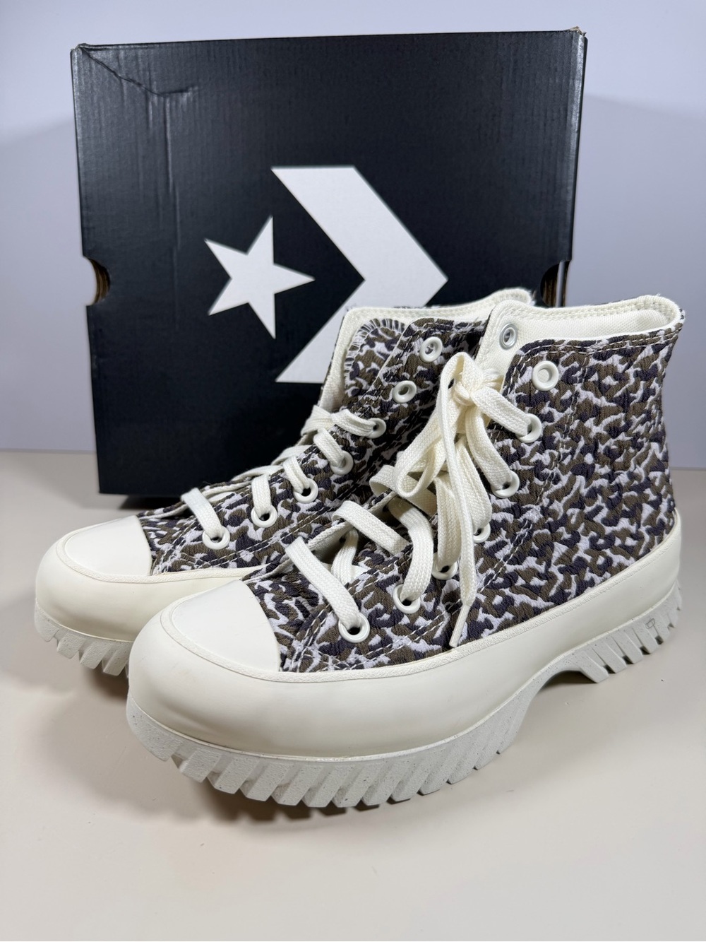 Converse Women's High-Top Lace-Up Boot in Cream and Brown Leopard